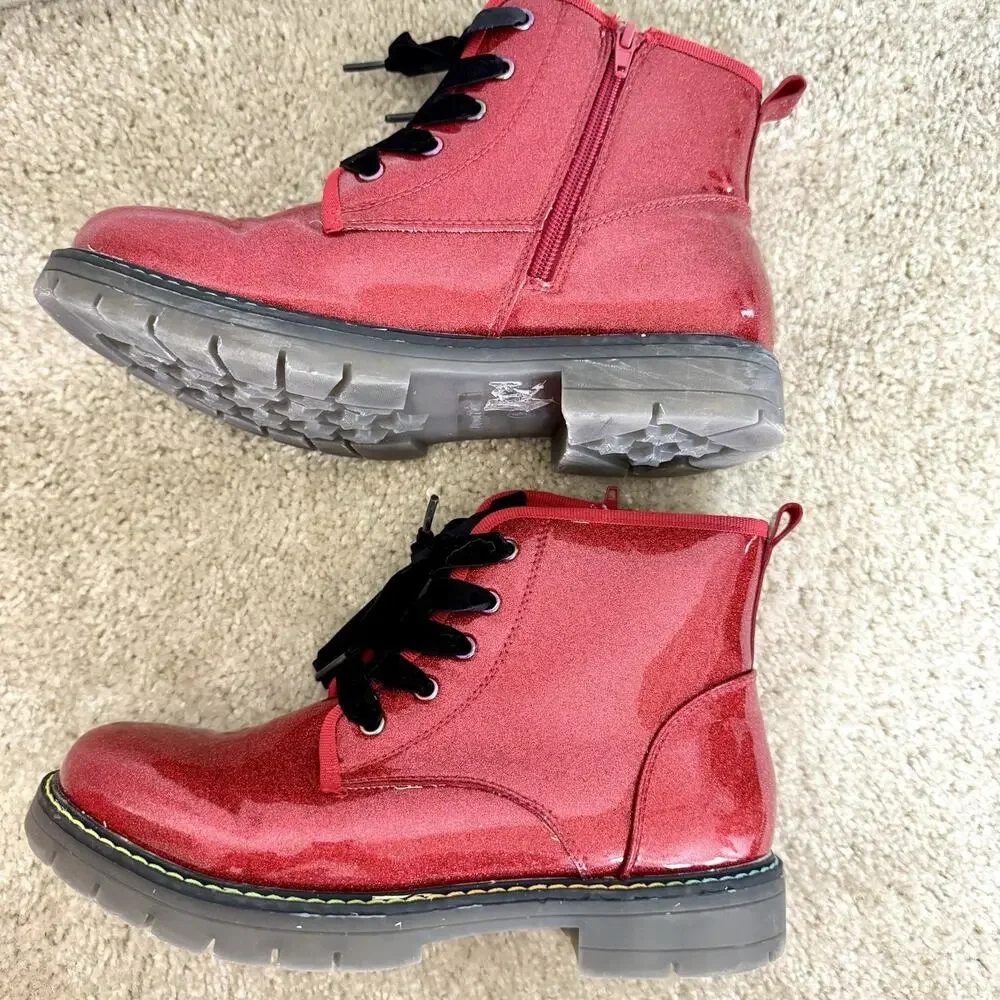 Dream Pairs Girls Size 6 Red Glitter Combat Boots Velvet Laces Side Zip Sparkle